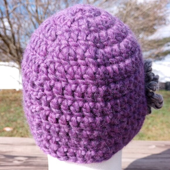Womens Beanie Cloche Handmade Purple Crochet Hat Gray Brown Flower Pure New Wool - Picture 4 of 11